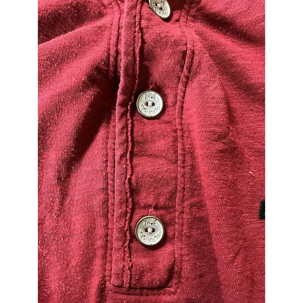 True Religion Long Sleeve Red Henley Velvet Logo T-Shirt Size Large-Made In USA